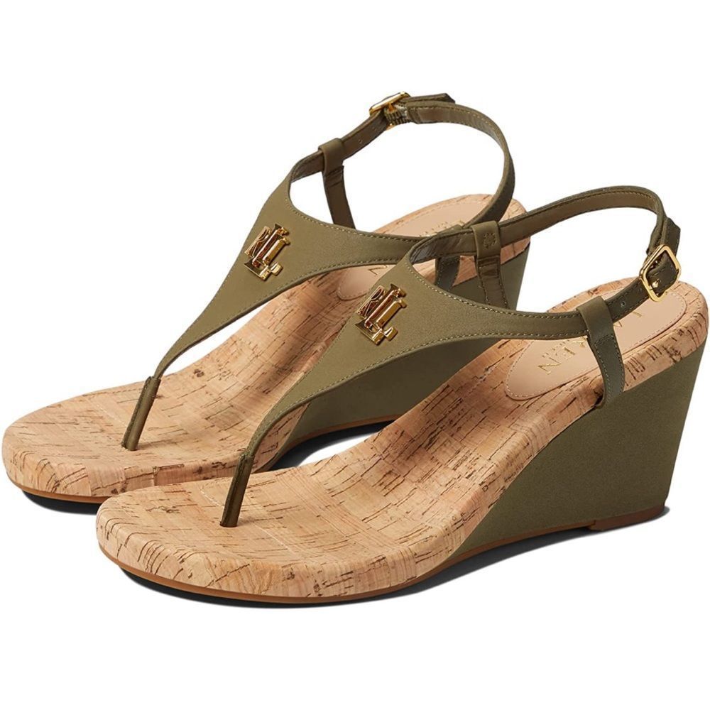 Ralph Lauren Olive Green Cork Wedge Thong Sandals with Gold Hardware